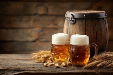 Beer. Still life with Vintage beer barrel and glass light beer. Fresh amber beer concept. Green hop and gold barley on wooden table. Ingredients for brewery. Brewing traditions. MZ 