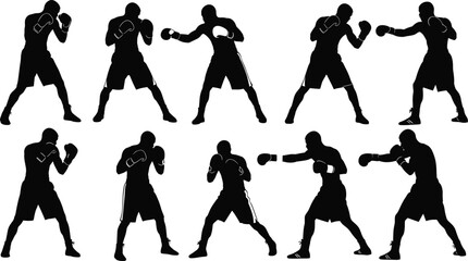 Silhouettes of male boxers in various fighting poses, throwing punches and defending, isolated on white background, perfect for sports and boxing concepts.