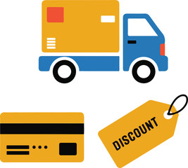 Flat vector illustration of e-commerce icons, delivery truck, credit card, and discount tag isolated on white background