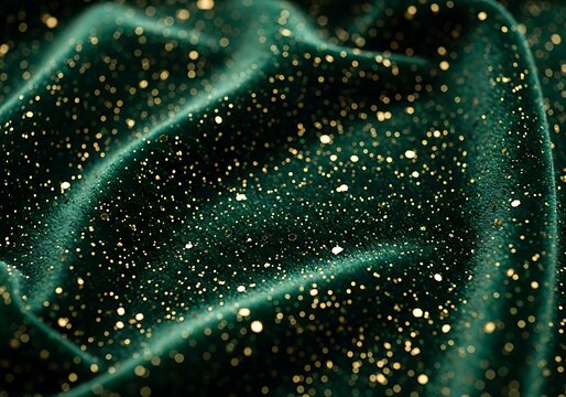 Closeup of dark green velvet fabric with gold glitter