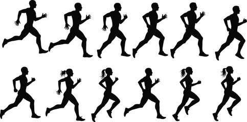 Silhouettes of man and woman running in various dynamic motion poses, jogging exercise, fitness activity, healthy lifestyle, isolated on white background, athletic movement concept.
