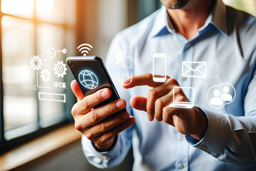 Person holding smartphone interacting with digital interface image