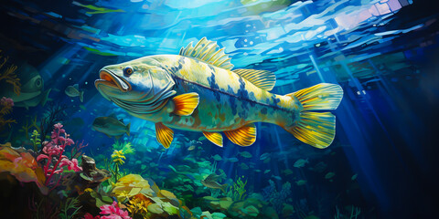 Big fish in the river. Predators in the river, in nature.