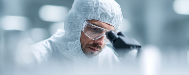 Focused scientist in clean suit studies data under microscope. Symbol of research, innovation, science, and medicine. Ideal for biotech, healthcare, and lab themes.