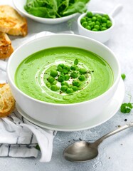 Creamy pea soup in a bowl, garnished with fresh peas and herbs