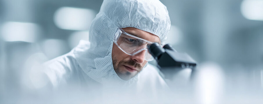 Focused scientist in clean suit studies data under microscope. Symbol of research, innovation, science, and medicine. Ideal for biotech, healthcare, and lab themes.