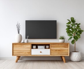 A modern living room scene showcasing a light wooden entertainment center with a blank television screen and lush greenery.