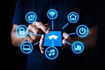 Person holding smartphone with glowing smart home icons hand technology