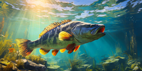 Big fish in the river. Predators in the river, in nature.