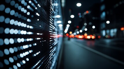 A vibrant night scene with illuminated city lights and a blurred street.