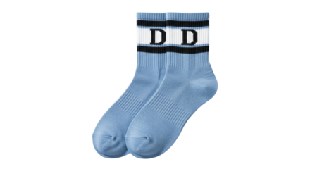Isolated pair of blue cotton socks with letter D athletic stripes for sports or casual wear