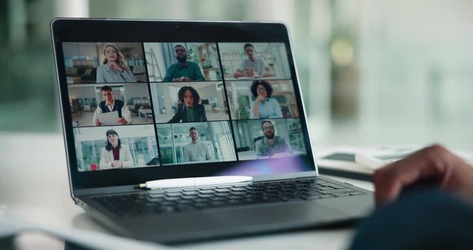 Laptop screen, video call and business people in office for discussion on collaboration project. Waving, computer and team of magazine editors on virtual meeting for article publishing in workplace.