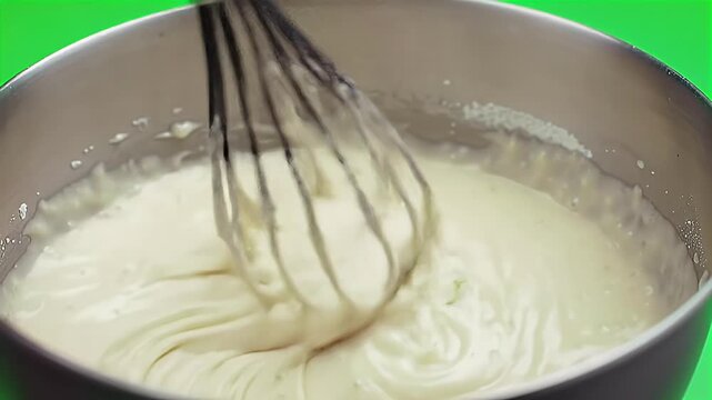 Close-up of Wire Whisk Mixing Creamy Batter in Stainless Steel Bowl on Green Background for Cooking or Baking
