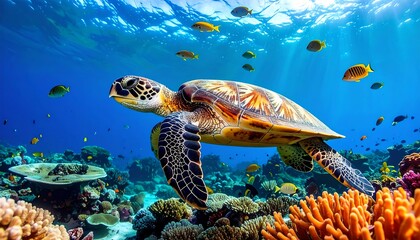 Obraz premium Turtle swims ocean reef fish