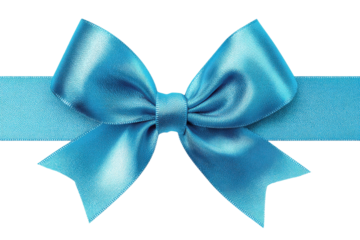 bright blue color satin ribbon with bow PNG, cutout isolated on transparent background. Present, gift, discount, coupon concept graphic resource