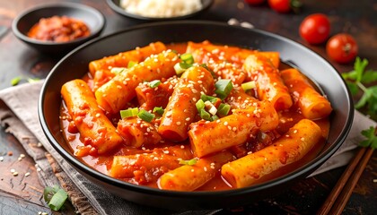 Delicious Spicy Tteokbokki in Black Bowl, Korean Food