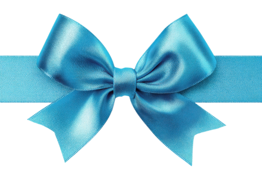 bright blue color satin ribbon with bow PNG, cutout isolated on transparent background. Present, gift, discount, coupon concept graphic resource
