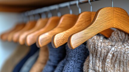 Wooden hangers with warm sweaters neatly organized in a closet.