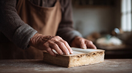 An elderly persons hands gently rest on an old, worn book, conveying wisdom, experience, and heritage. Evokes a sense of tradition, storytelling and legacy.