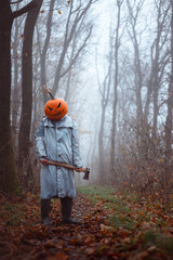 Haunting scarecrow with axe and carved pumpkin head stands still in misty autumn forest. Tattered cloak and fog add to the eerie Halloween scene and horror vibe
