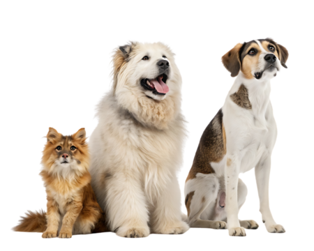 Three dogs posing together on white background, isolated on transparent background