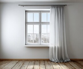 Fototapeta premium Empty room with a window featuring light gray curtains, showcasing a cityscape view.