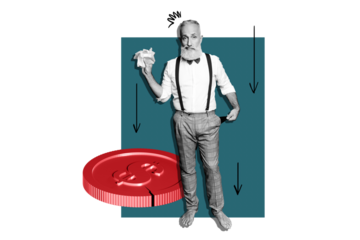 Composite trend artwork image collage of investor trader business work development aged man bad mood crisis loss money coins decrease