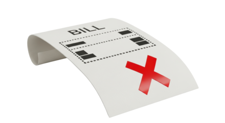 Isolated bill with large red X signifying payment refusal, cancellation, or overdue