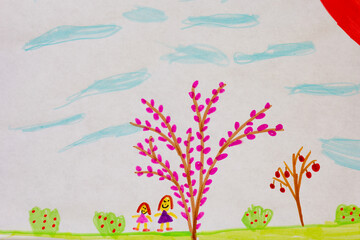 Mother and daughter under tree drawing by child using felt tip pens