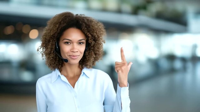 Friendly customer service representative, headset, pointing sideways, copy space, professional smile, tech ads, call center, customer support, service promotion, digital marketing, business