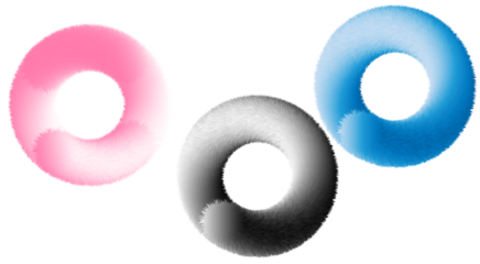 A modern abstract digital artwork featuring three gradient rings in black, blue, and pink. The design blends smooth transitions of color and soft shading, creating a futuristic and minimal aesthetic. 