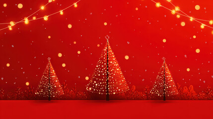 Festive red background with glowing Christmas trees and string lights, creating warm holiday atmosphere. scene is adorned with sparkling lights and decorative elements, perfect for seasonal