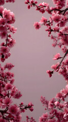 Naklejka premium Cherry Blossom Beauty: Delicately framed by blossoming cherry tree branches, a vibrant display of soft pink petals against a muted background creating a peaceful serene ambiance.