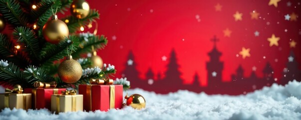 Gold baubles, snowy city, Christmas tree, presents, red backdrop New Year's greeting design , ornament, present