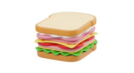 A delightful cartoon sandwich with ham cheese tomato and lettuce invites a playful hunger in on transparent background