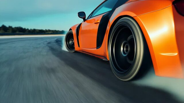 Experience the thrill of a vibrant orange sports car drifting on the racetrack, leaving an impressive trail of tire smoke that showcases the perfect blend of speed and advanced automotive engineering