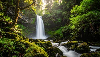 Forest Waterfall Stock Image – Realistic Nature Photography with Green Landscape