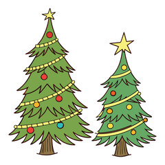 A vector illustration of a festive set of Christmas trees decorated with stars and balls in the snow for the