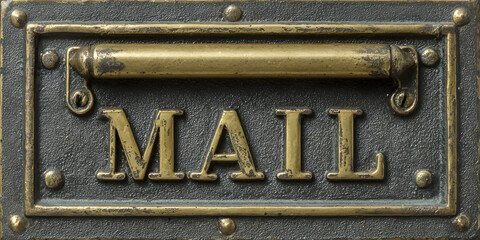 Vintage brass mail slot with ornate detailing and mail inscription
