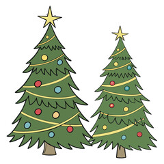 A vibrant vector illustration set of festive green Christmas trees decorated with stars and colorful ornaments, perfect for your holiday and winter season designs