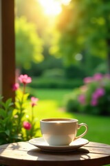 Scenic garden view with coffee setup; sunlight illuminates , relaxing, background, tea time