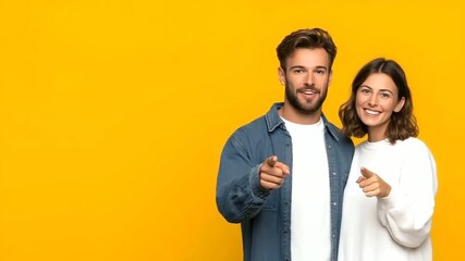 Happy young couple pointing to empty copy space, casual clothing, bright background, perfect for lifestyle promotions or social ads. couple copy space, lifestyle