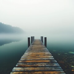 Fototapeta premium Serene Morning at the Foggy Lake Tranquil Waters, Peaceful Wooden Pier, and Lush Green Surroundings