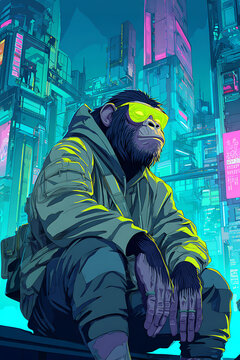 Futuristic urban scene featuring a thoughtful monkey in sunglasses, surrounded by neon skyscrapers