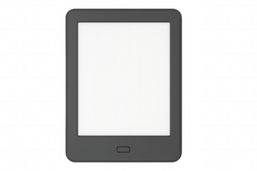 Black ereader with blank white screen, isolated, representing digital reading device against clean transparent background