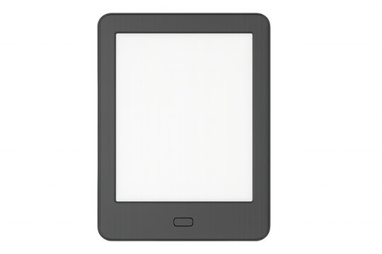 Black ereader with blank white screen, isolated, representing digital reading device against clean transparent background