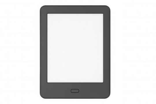 Black ereader with blank white screen, isolated, representing digital reading device against clean transparent background