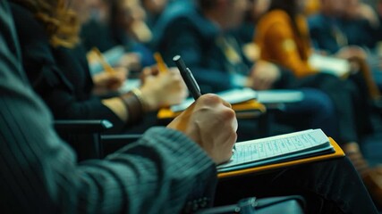 Group of people seated in a lecture hall, attentive and taking notes - Powered by Adobe