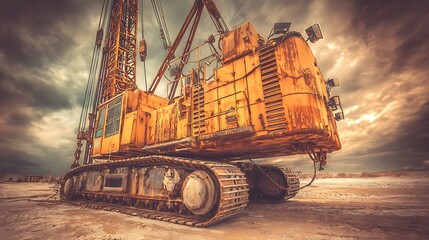 An old, rusted industrial crane stands in a desolate, industrial setting, with a dramatic sky overhead.