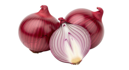 Isolated Still life of red onions, two whole and one sliced, fresh vegetable food